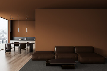 Brown living room and dining room interior