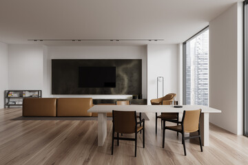 White home living room interior with eating table and tv space with sofa, window