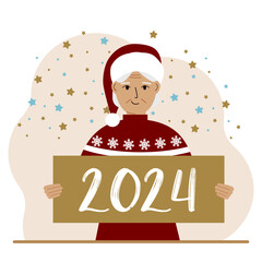 A woman in a Christmas red hat with snowflakes holds a Happy New Year 2024 card.