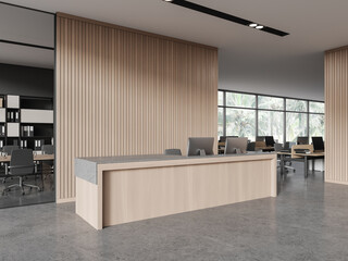 Modern office interior table with meeting and coworking corner. Empty wall