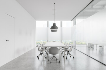 White glass office meeting room interior with table and chairs, panoramic window - obrazy, fototapety, plakaty