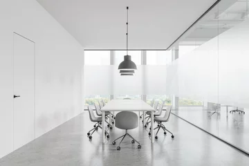 Fotobehang White glass office meeting room interior with table and chairs, panoramic window © ImageFlow