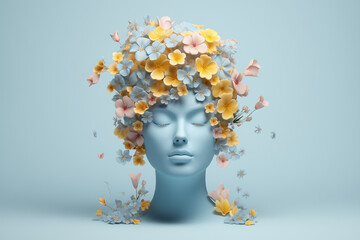 Concept of mental health. Illustration of head with flowers in 3d style. 