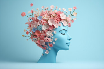 Concept of mental health. Illustration of head with flowers in 3d style.  - obrazy, fototapety, plakaty