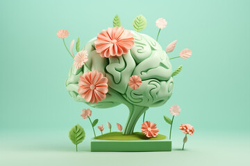 Concept of mental health. Illustration of brain with flowers in 3d style. - obrazy, fototapety, plakaty