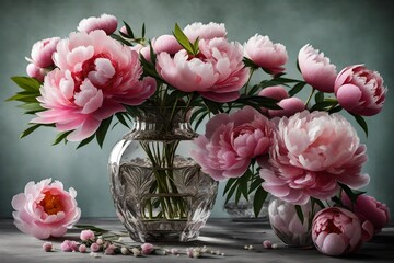 A crystal vase filled with blooming peonies. 