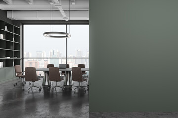 Green business room interior with chairs, table and shelf, window. Mock up wall