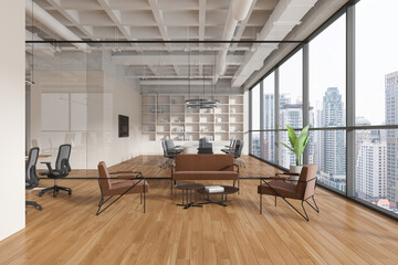 Modern office interior with relax and glass conference room, panoramic window