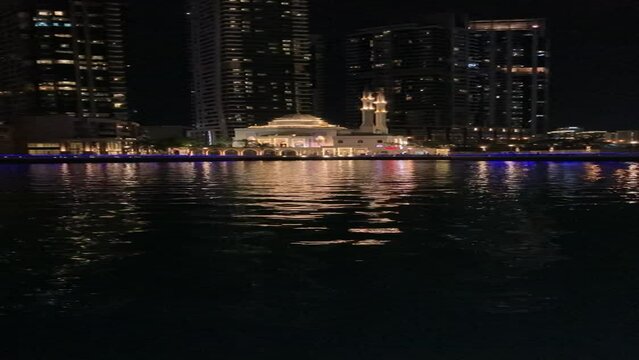 Vertical night footage of Al Rahim Mosque in Dubai Marina