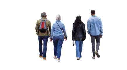 Groupe de quatre amis, deux couples d'âges différents, marchant ensemble, vus de dos, saison automnale 