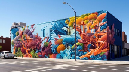 a wall with a mural of flowers - obrazy, fototapety, plakaty