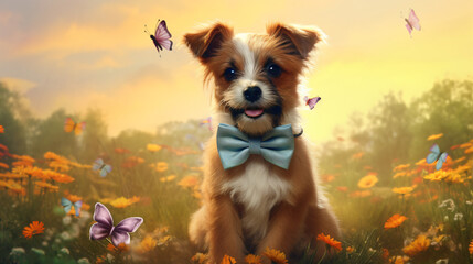A puppy with a bow tie sitting in a field of flowers