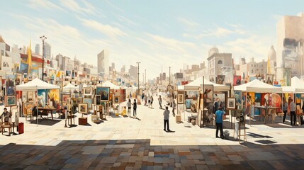 a group of people walking around a city