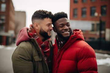 Fototapeta premium Portrait of a happy gay couple embracing each other outdoors.Diversity and LGBT Concept