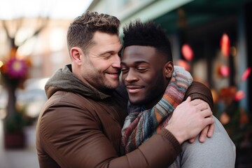 Fototapeta premium Portrait of a happy gay couple embracing each other outdoors.Diversity and LGBT Concept