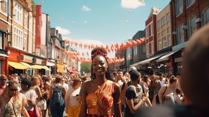 a person in a colorful dress in a crowded street