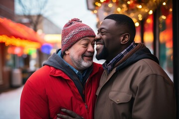 Portrait of a happy gay couple embracing each other outdoors.Diversity and LGBT Concept
