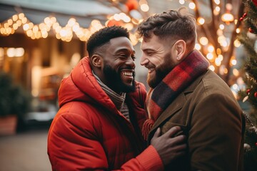 Obraz premium Portrait of a happy gay couple embracing each other outdoors.Diversity and LGBT Concept