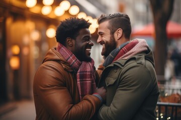 Portrait of a happy gay couple embracing each other outdoors.Diversity and LGBT Concept