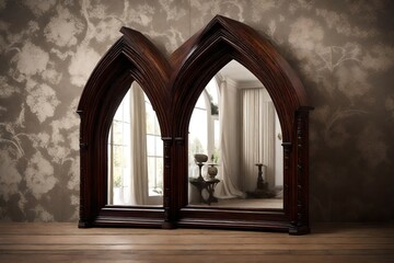 Dark mahogany wooden mirror frame with intricate gothic arches on wall