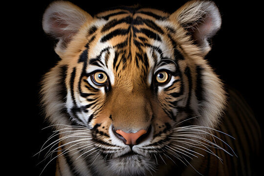 An endearing image capturing the charm of a tiger tilting its head while curiously looking closely at the camera lens