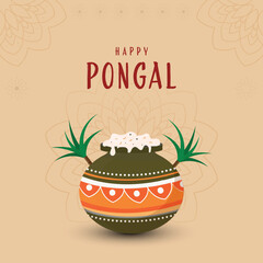 Happy Pongal Celebration Poster Design with Traditional Dish (Rice) in Mud Pot and Sugarcane on Beige Mandala Pattern Background.