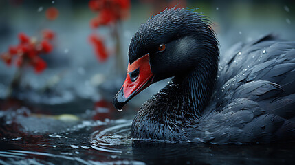 Elegant Black Swan Swim in Lake Water Blurry Background
