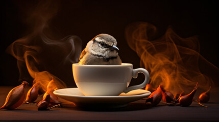 A sparrow in a night cap sitting on a cup of coffee - obrazy, fototapety, plakaty