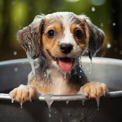 Baby cute puppy dog in bathtub with shampoo foam , Happy dog ​​takes a bath