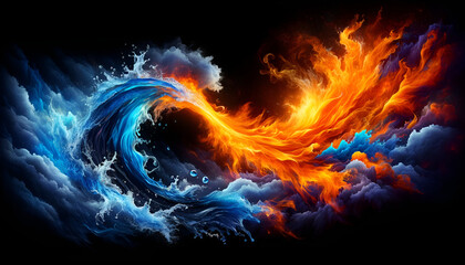  A dynamic clash of fire and water, with vibrant flames and flowing water on a black background, symbolizing opposite energies.