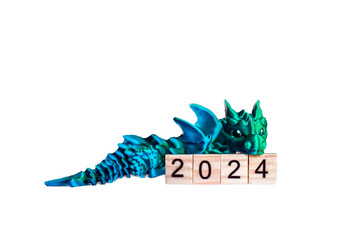 Green dragon 3D on a white background. symbol 2024.Isolate
