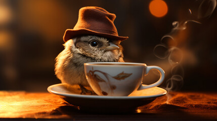 A sparrow in a night cap sitting on a cup of coffee - obrazy, fototapety, plakaty
