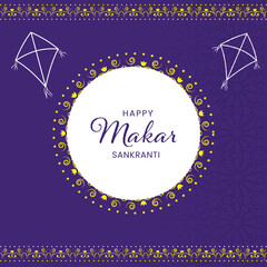 Happy Makar Sankranti Greeting Card With Linear Style Kites in Purple and White Color.