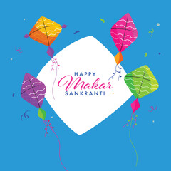 Happy Makar Sankranti Font Over Rhombus Frame with Colorful Kites, Confetti Decorated on White and Blue Background.