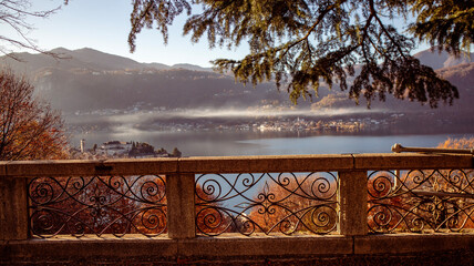 Viewpoint from Sacro Monte to Lake Orta and Isola San Giulio in summer, Piedmont Italy