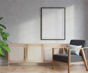Mock up poster black frame empty picture living room interior vertical wooden floor in illustration 3d rendering