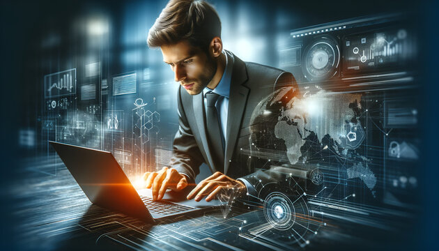 An image of a businessman downloading computer files or installing software on a laptop computer, depicting a focused and professional setting.