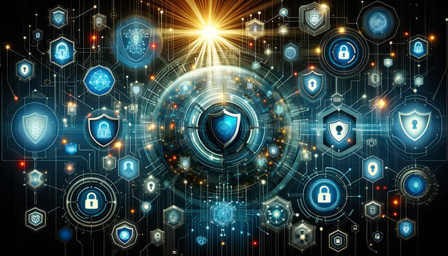 A cyber security network concept, illustrating data protection with digital shields, secure connections, and futuristic technology elements.
