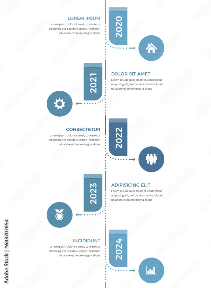 Poster vertical timeline - infographic template with five elements with place for dates, icons and text, ve