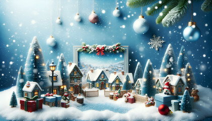 Fototapeta na wymiar Christmas background with snow, featuring a quaint village adorned in Christmas decorations, capturing a picturesque winter scenery.