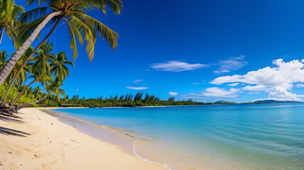 Fototapeta na wymiar A sandy beach with palm trees and clear blue water