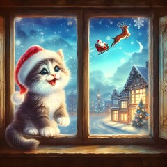 Kitten Sees Santa At Sky In Christmas