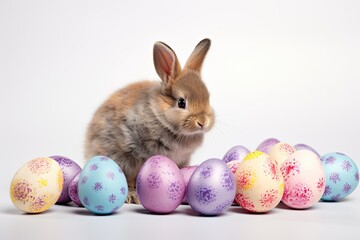 Small, brown bunny on a white background with decorated Easter eggs