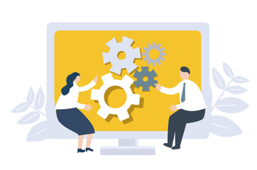 vector flat design illustration of business people with gears