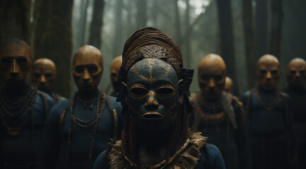 A solitary tribal figure stands with a mask in a foreboding, misty forest - obrazy, fototapety, plakaty