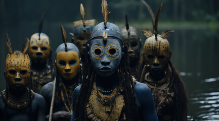 A group of individuals wearing traditional tribal masks standing in a natural environment