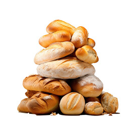 bunch of breads with white breads piled on top