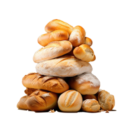 bunch of breads with white breads piled on top