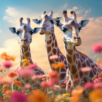 A photorealistic image showing three giraffes gently peering out from a pink flower blossomed field