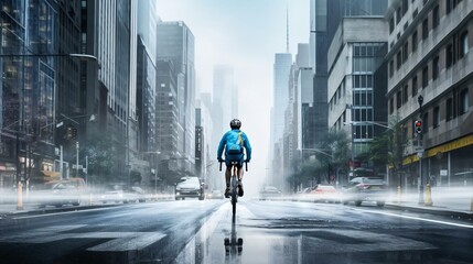 a person riding a bicycle on a city street - obrazy, fototapety, plakaty